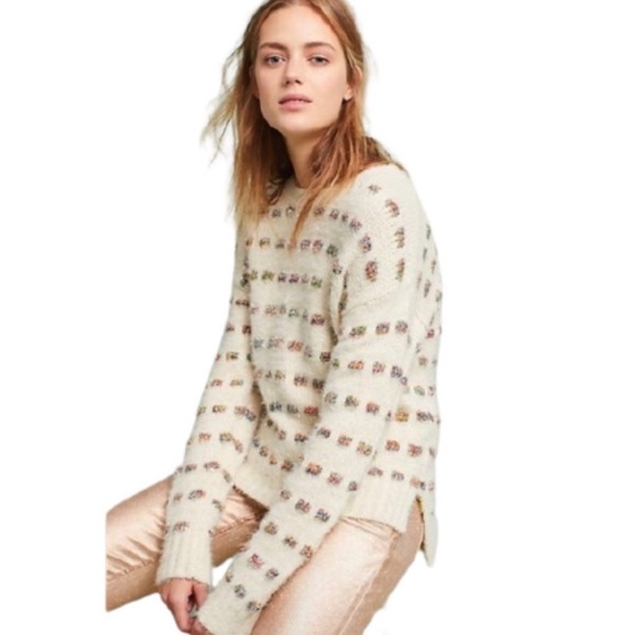 Anthropologie Sweaters - Anthropologie Moth Metallic Check Cream Sweater Medium Sparkle Cozy Fuzzy